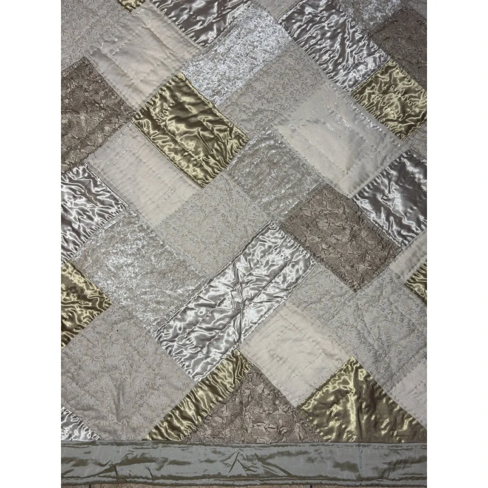 Vtg Patchwork Throw Blanket Metallic Sateen Quilted Velvet Floral